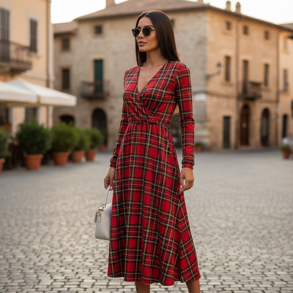 SARTORIA ABITO KIMONO LUNGO TARTAN ROSSO