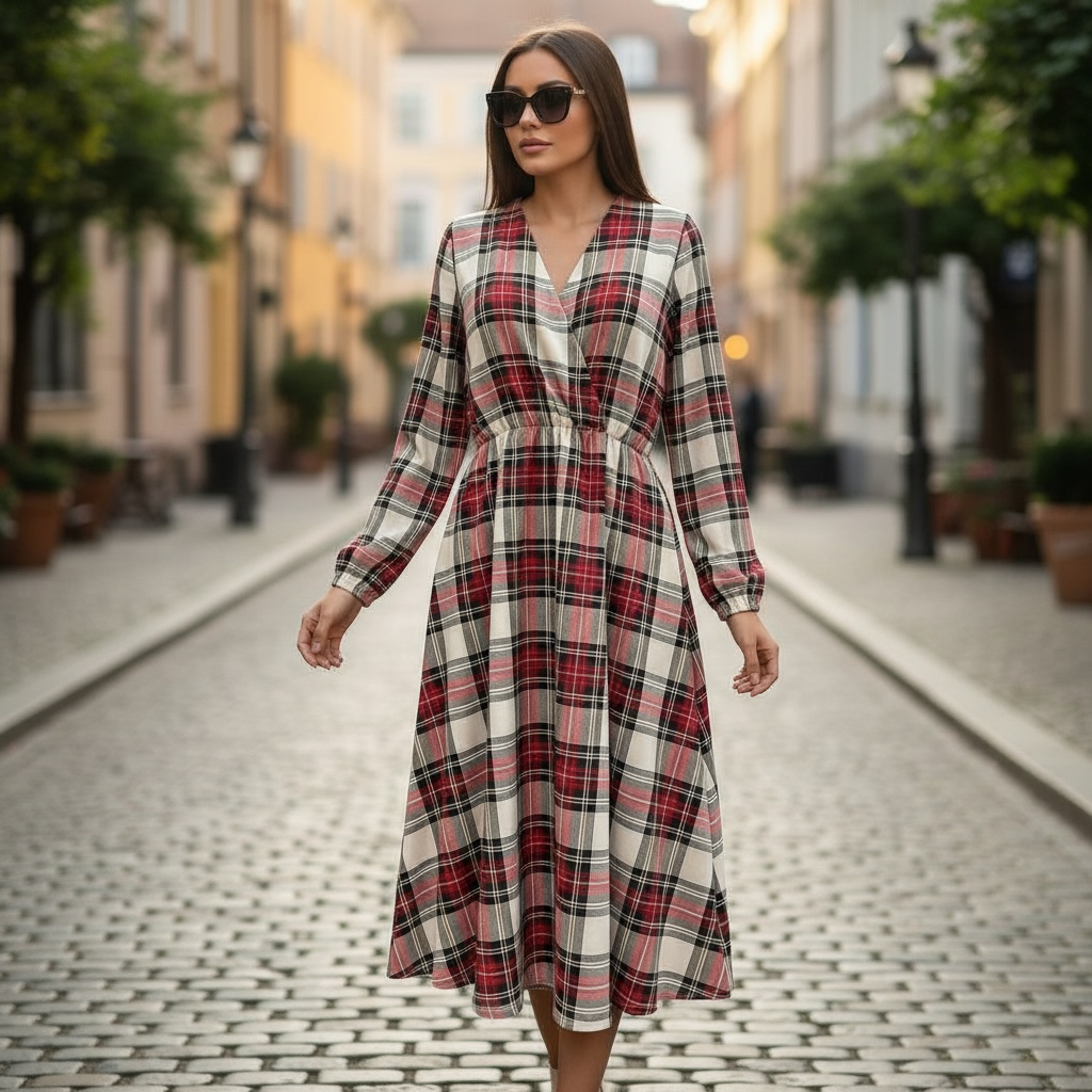 SARTORIA ABITO KIMONO LUNGO TARTAN PANNA